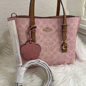 Coach Mollie Tote Bag 25 In Signature Canvas With Charms Gold/Powder Pink CER24